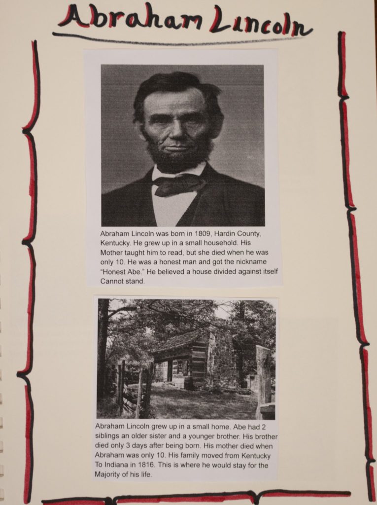 Photos of Abe Lincoln with hand lettered captions