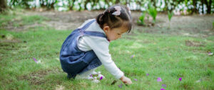 Little girl sitting in the grass playing