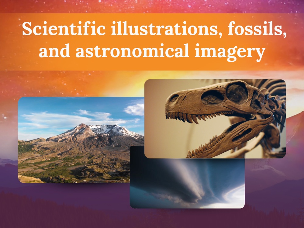 scientific illustrations, fossils, and astronomical imagery