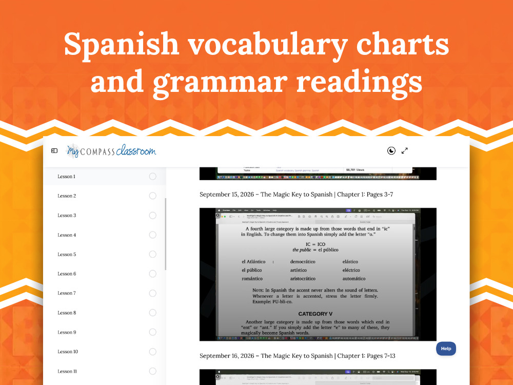 Spanish vocabulary charts and grammar readings