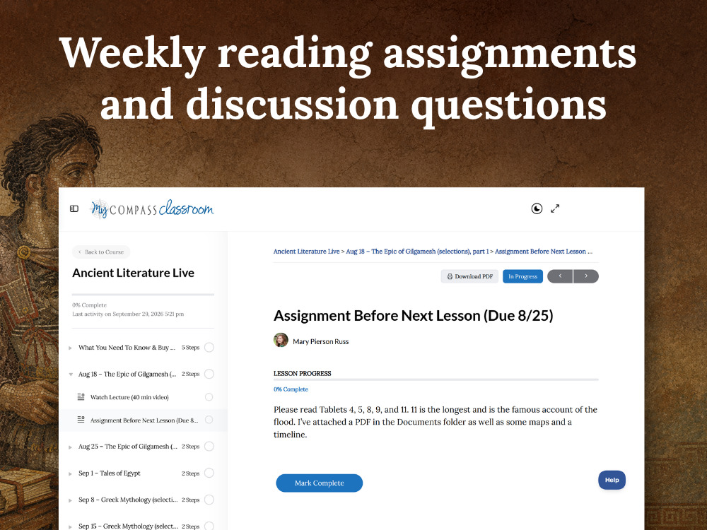 Weekly reading assignments and discussion questions